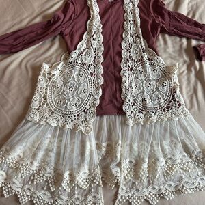 Lace Crochet Vest with sheer mesh ruffle